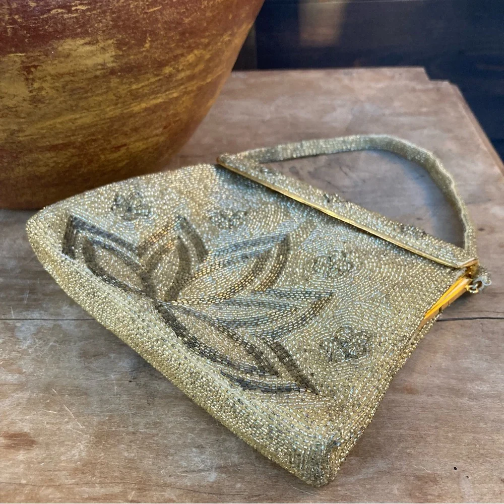 Vintage French DELILL Purse gold beaded lotus flower mini strap dainty art deco